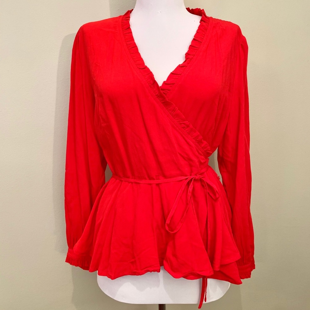 LOFT Petites Red Frilled Wrap Blouse